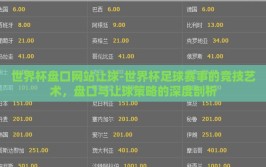 世界杯盘口网站让球-世界杯足球赛事的竞技艺术，盘口与让球策略的深度剖析